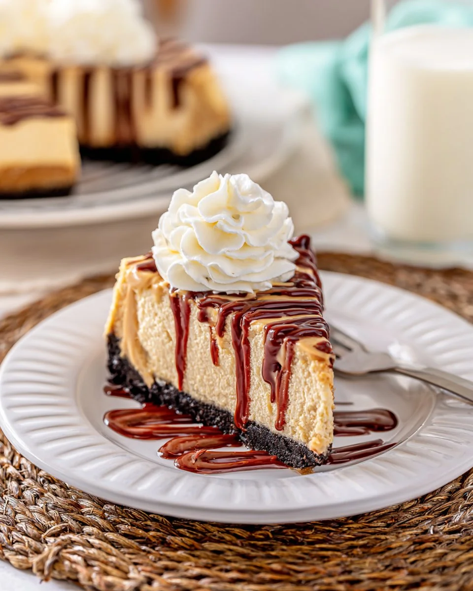 Delicious no bake peanut butter pie with a chocolate crust and creamy filling.