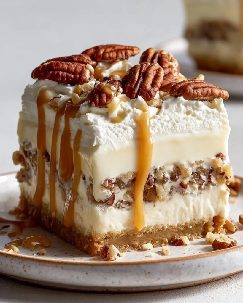 Delicious no-bake pecan pie lasagna dessert served in a clear dish.