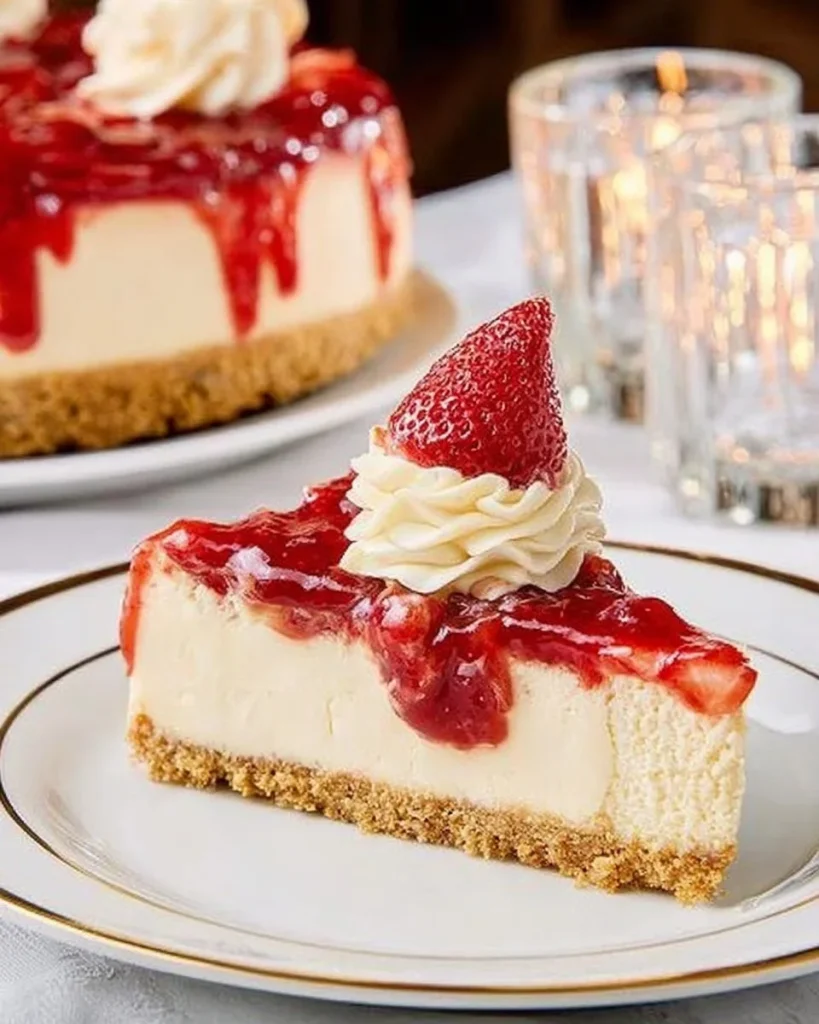 Delicious no bake strawberry cheesecake topped with fresh strawberries