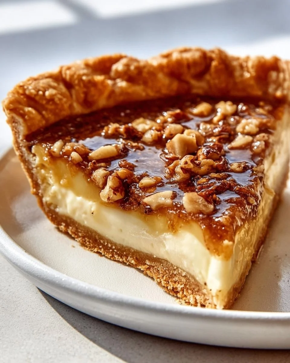Slice of Old Fashioned Custard Pie topped with whipped cream on a plate.