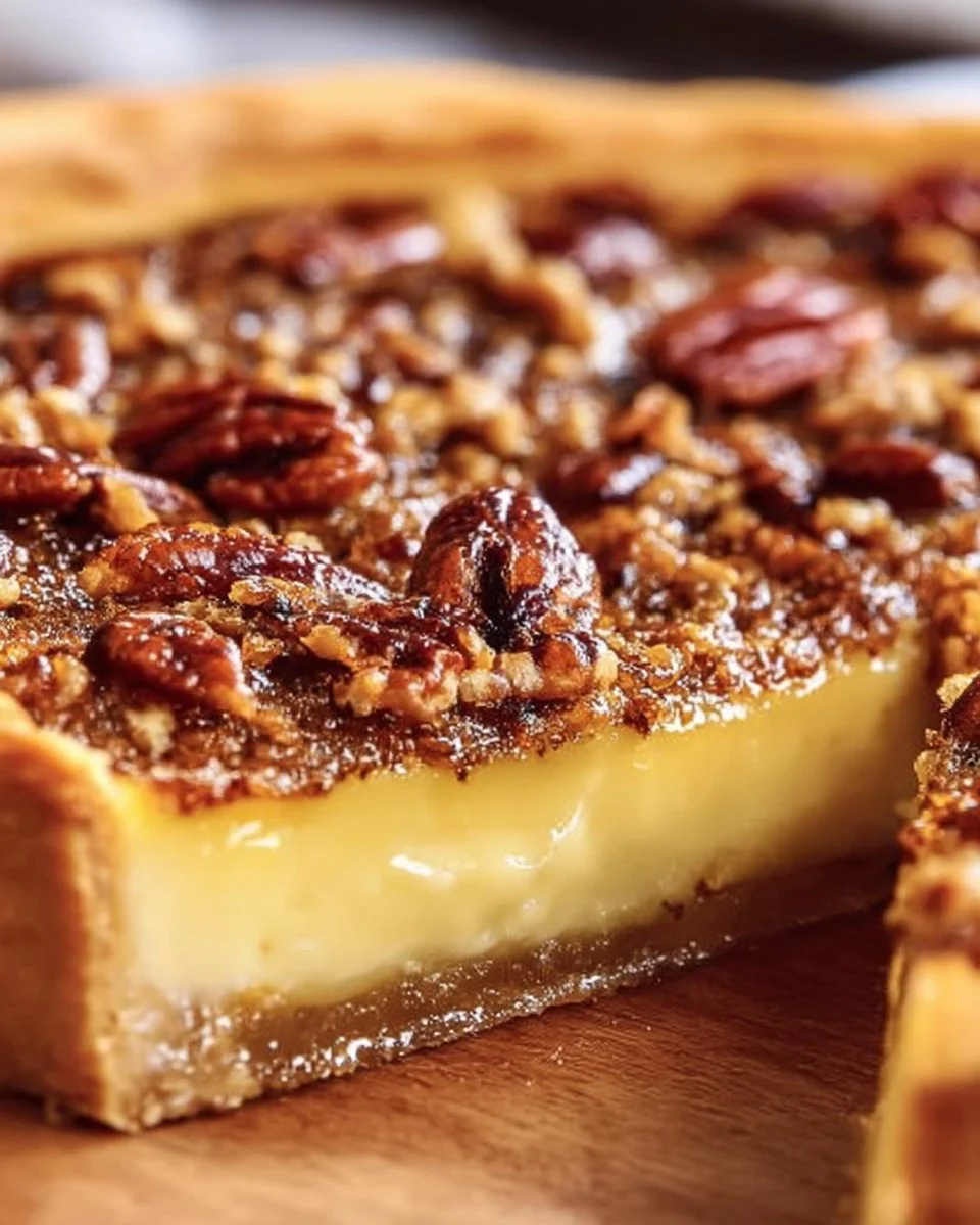 Slice of old fashioned custard pie with a golden crust and creamy filling