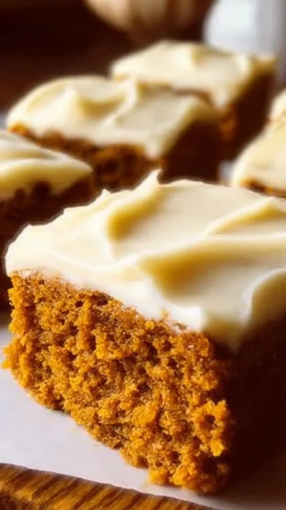 Old-fashioned pumpkin bars with cream cheese frosting on a plate
