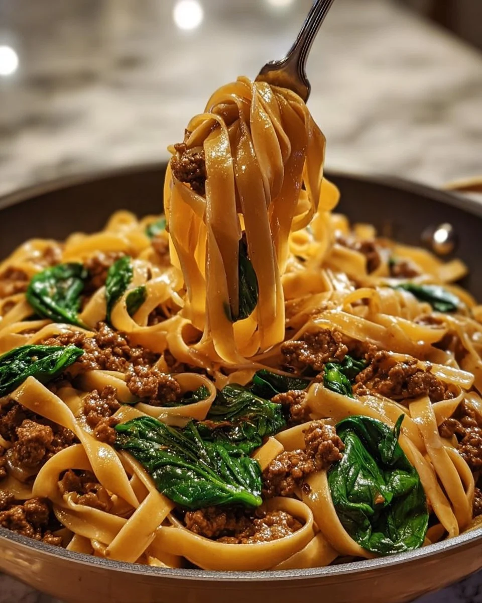 One-Pot Beef and Garlic Parmesan Spinach Pasta in a skillet