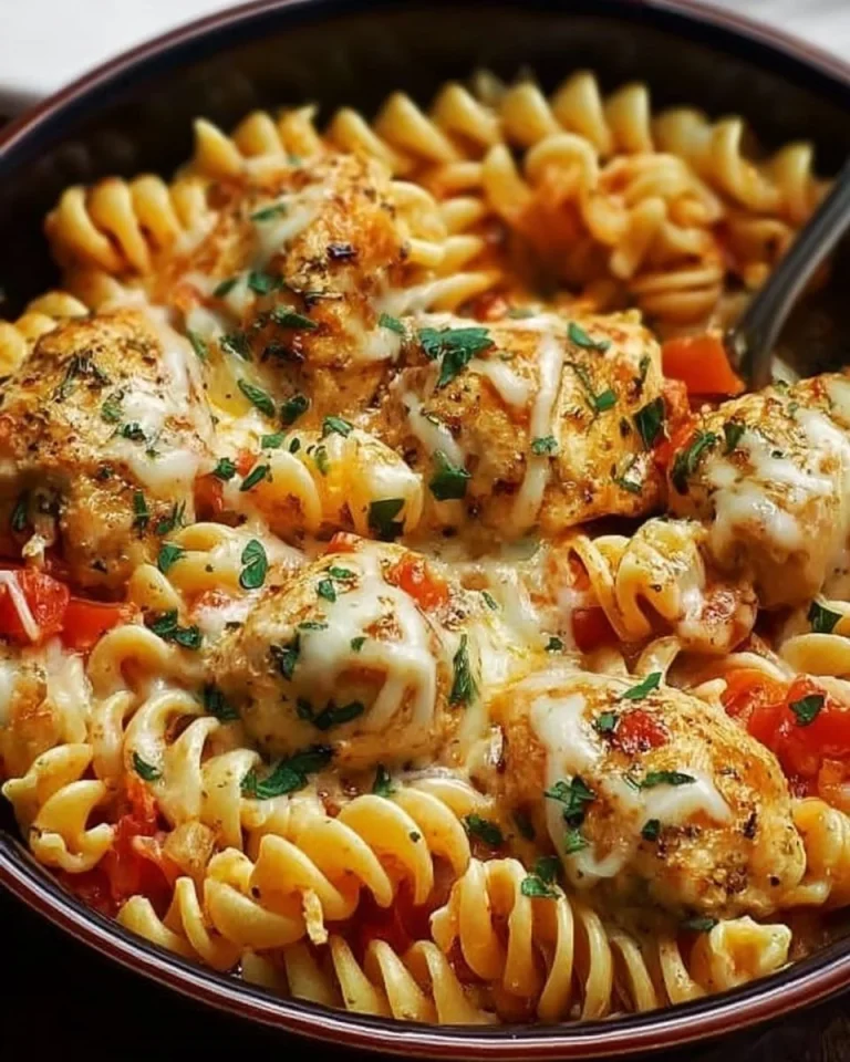 One-Pot Chicken Parmesan Pasta with chicken, pasta, cheese, and herbs in a skillet