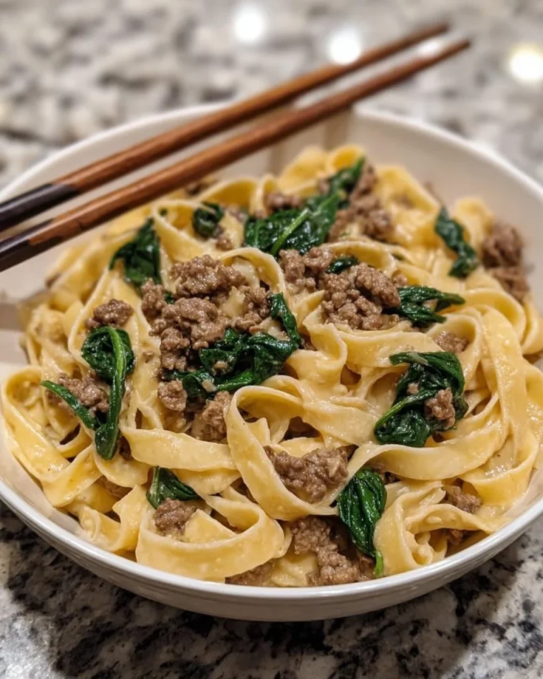 One-Pot Creamy Beef and Spinach Alfredo dish served in a bowl