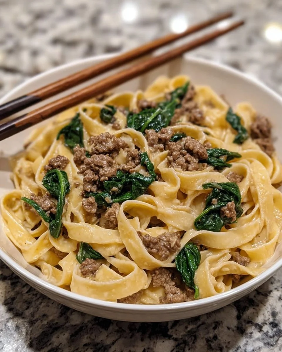 One-Pot Creamy Beef and Spinach Alfredo dish served in a bowl