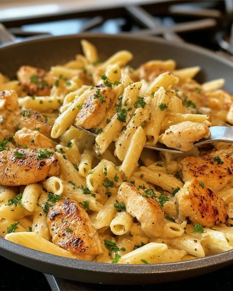 One-Pot Garlic Chicken served with Parmesan Penne in a beautiful dish