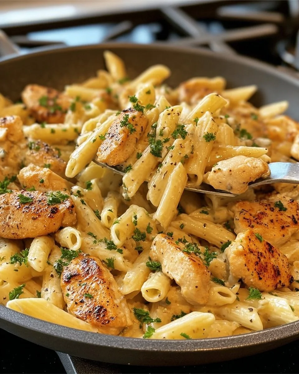 One-Pot Garlic Chicken served with Parmesan Penne in a beautiful dish