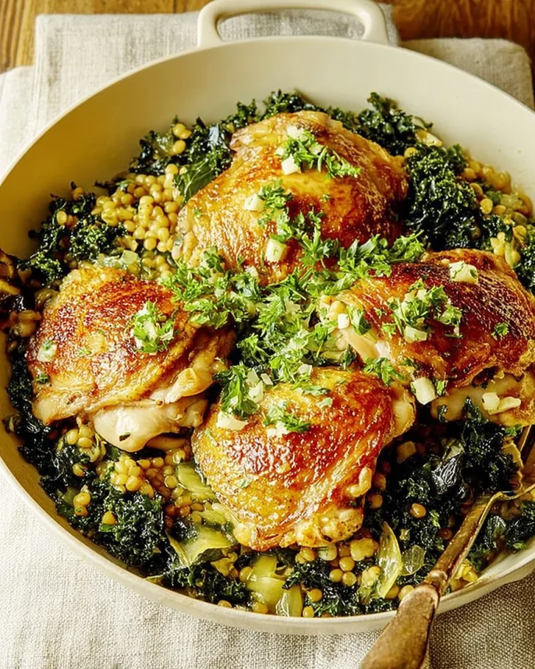One-pot Garlicky Chicken Thighs served with giant couscous