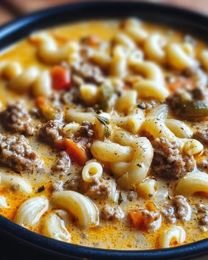 One-Pot Macaroni Cheeseburger Soup in a bowl with toppings