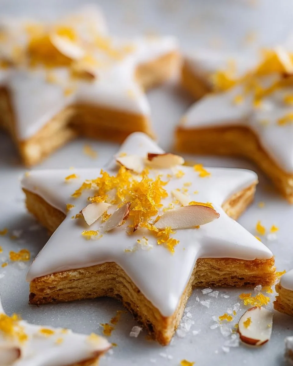Orange Almond White Chocolate Star Shortbread cookies decorated for the holidays