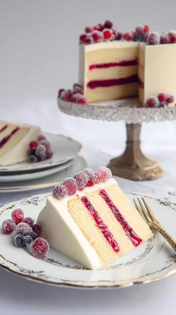 Slice of Orange Butter Cake with Cranberry Curd on a white plate