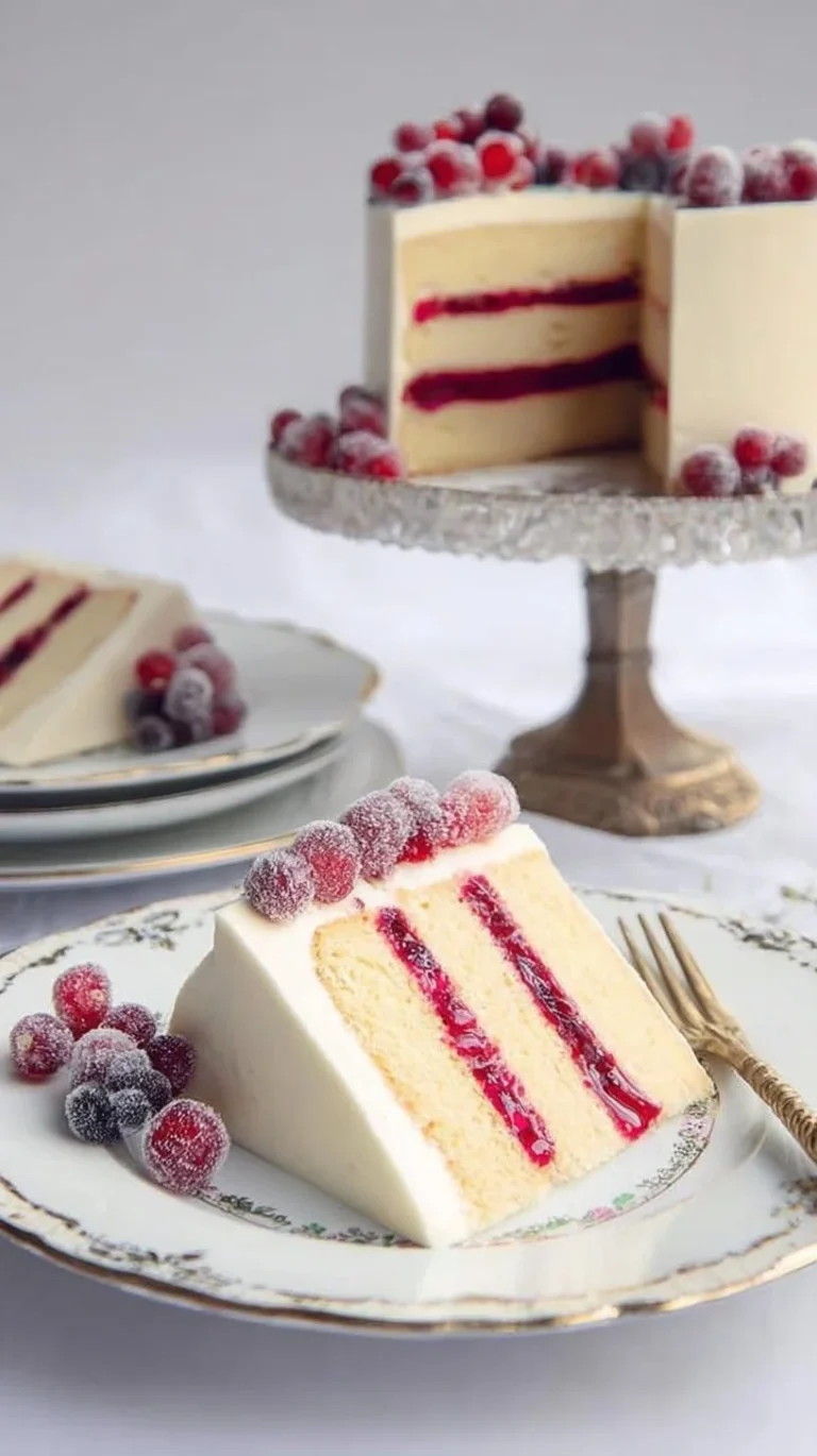 Slice of Orange Butter Cake with Cranberry Curd on a white plate