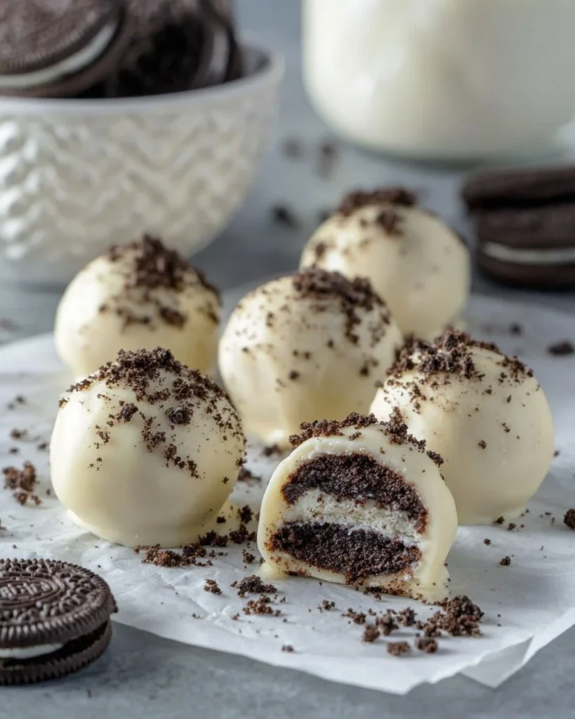 Delicious Oreo Balls dipped in white chocolate, a perfect sweet dessert treat.