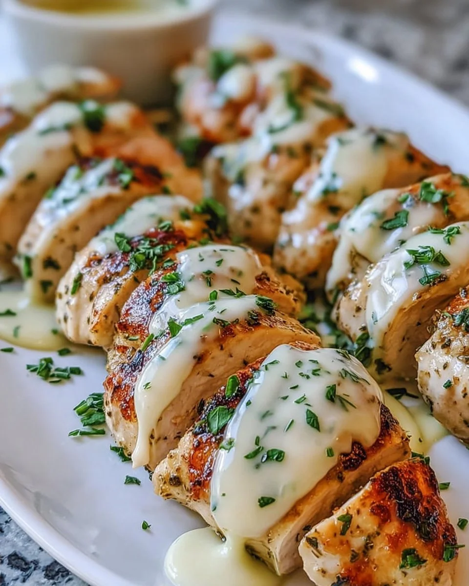 Oven-Baked Caesar Chicken topped with creamy Parmesan sauce