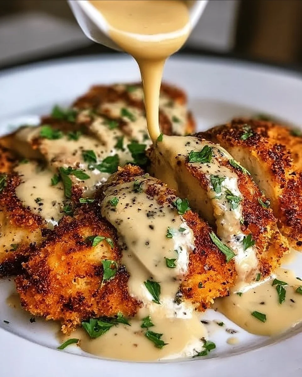 Parmesan crusted chicken served with creamy garlic sauce on a plate