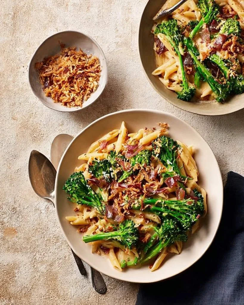 Pasta with purple sprouting broccoli, anchovies, garlic, and preserved lemon.