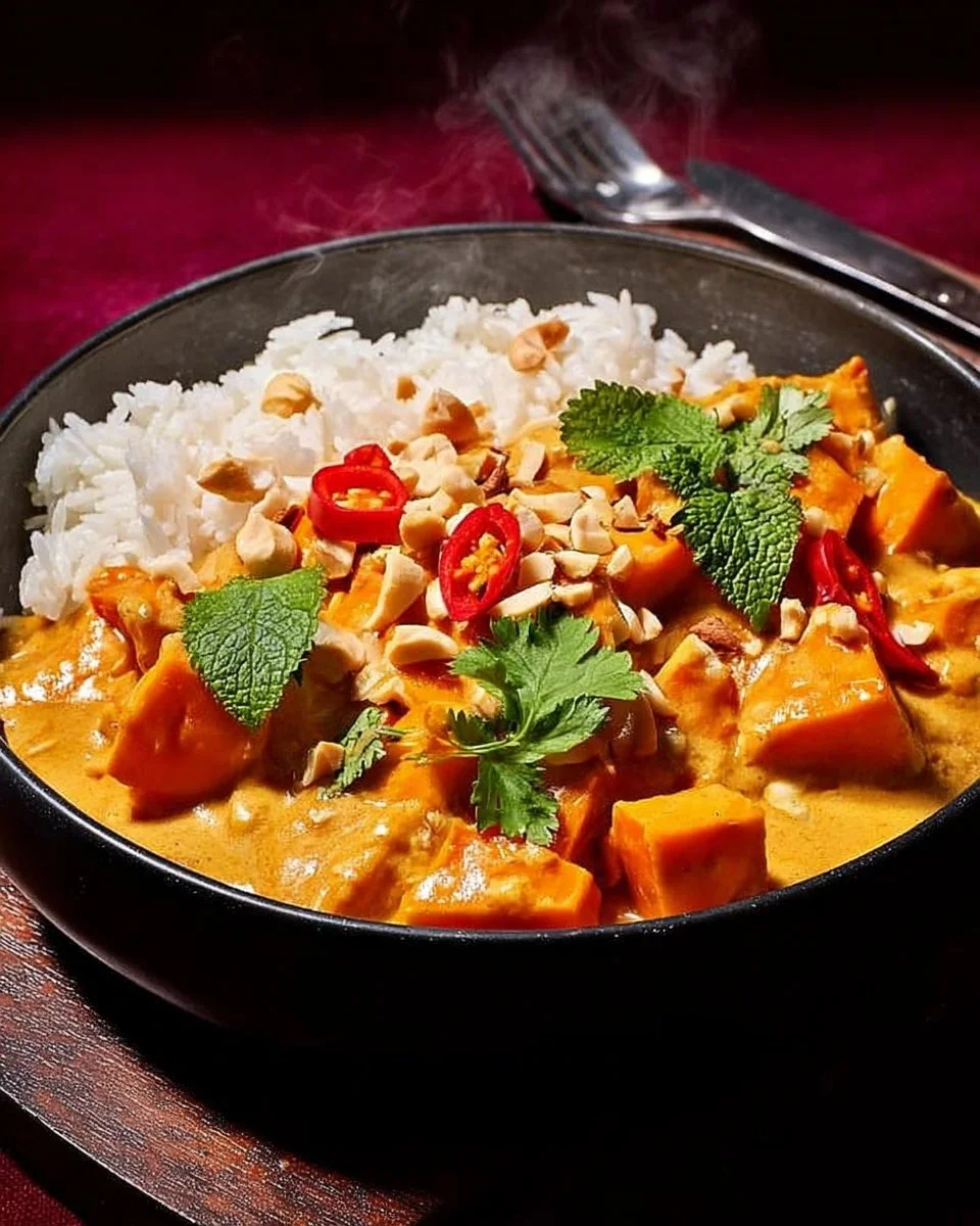 Peanut butter squash curry served in a bowl with fresh herbs.