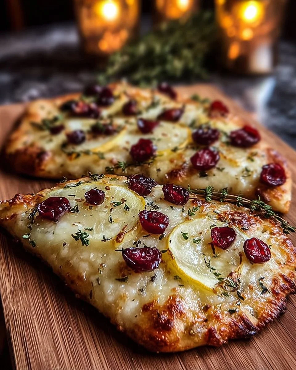 Delicious Pear & Brie Flatbread topped with cranberries and thyme.