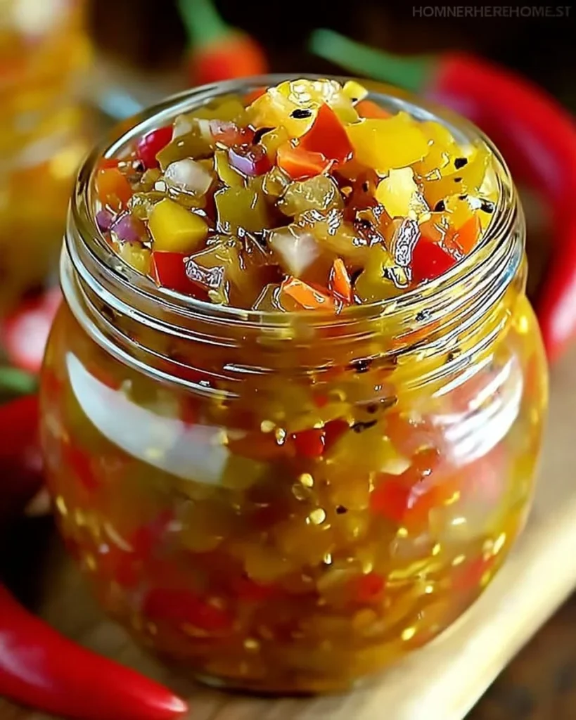 Jars of homemade pickled pepper and onion relish on a wooden table