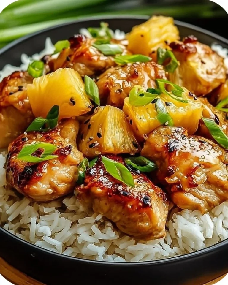 A colorful plate of pineapple chicken served with rice and vegetables