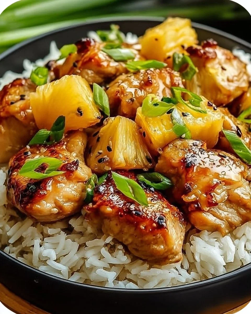 A colorful plate of pineapple chicken served with rice and vegetables
