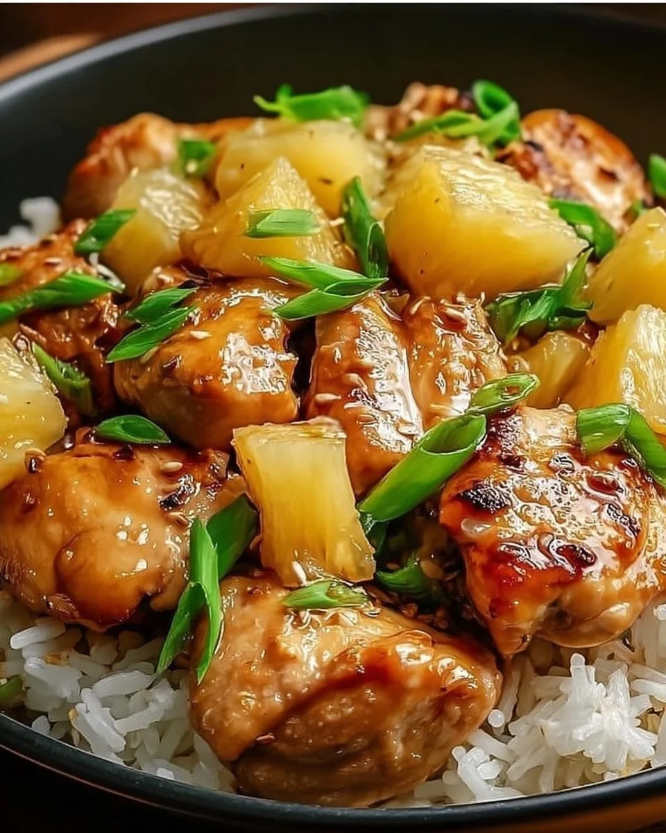 Delicious Pineapple Chicken served with rice in a colorful dish
