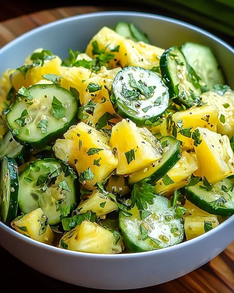 Delicious Pineapple Cucumber Lime Salad served in a bowl, showcasing vibrant colors.