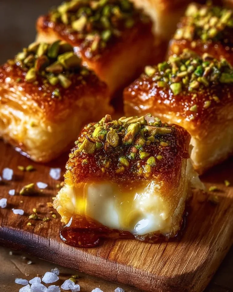Decadent Pistachio-Crusted Brie Bites topped with fig honey glaze on a platter