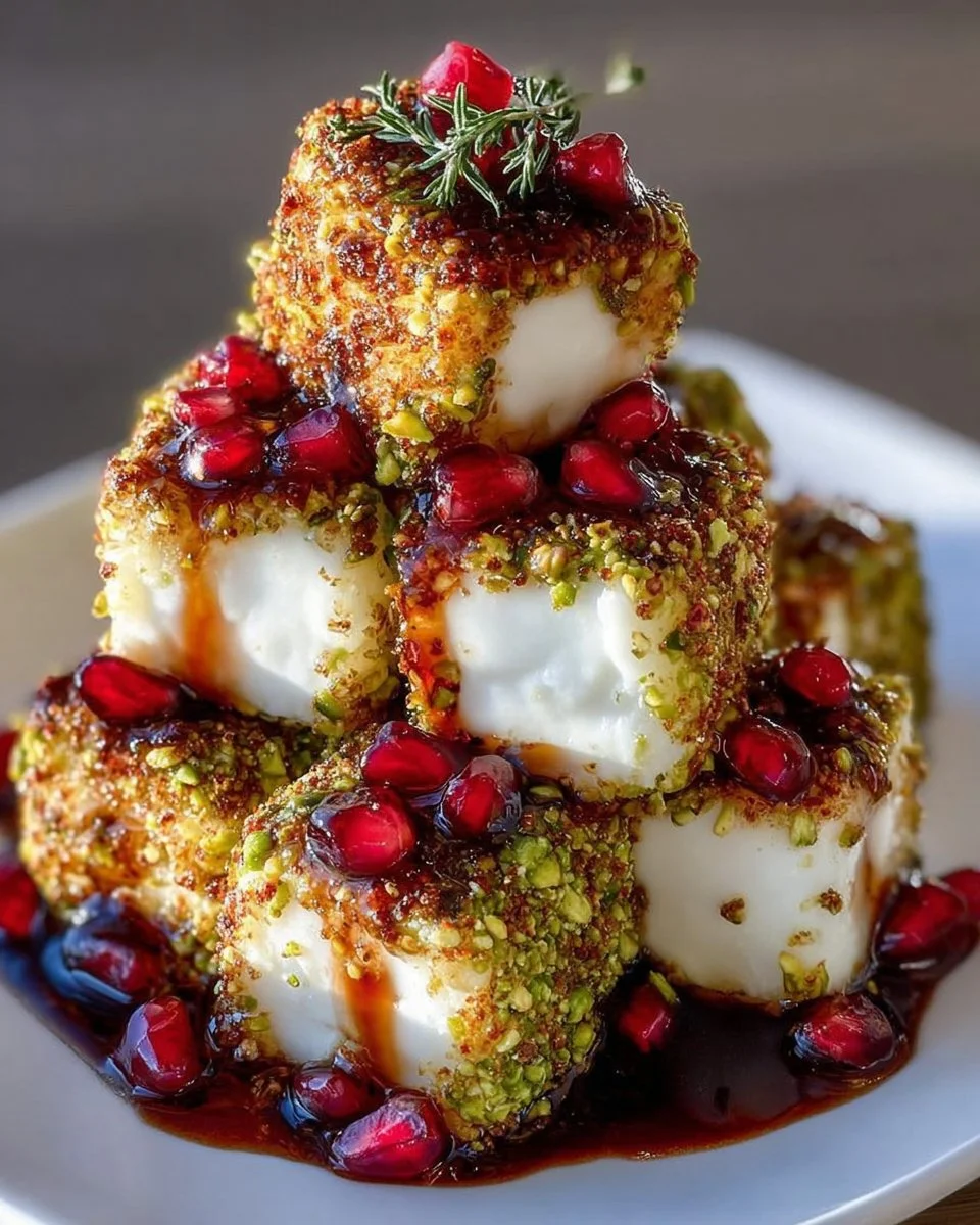 Pistachio-Crusted Brie Bites with Pomegranate Glaze and Thyme on a plate