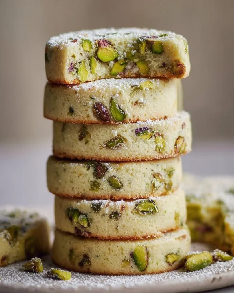 Pistachio lemon shortbread cookies dusted with powdered sugar snow on a plate.