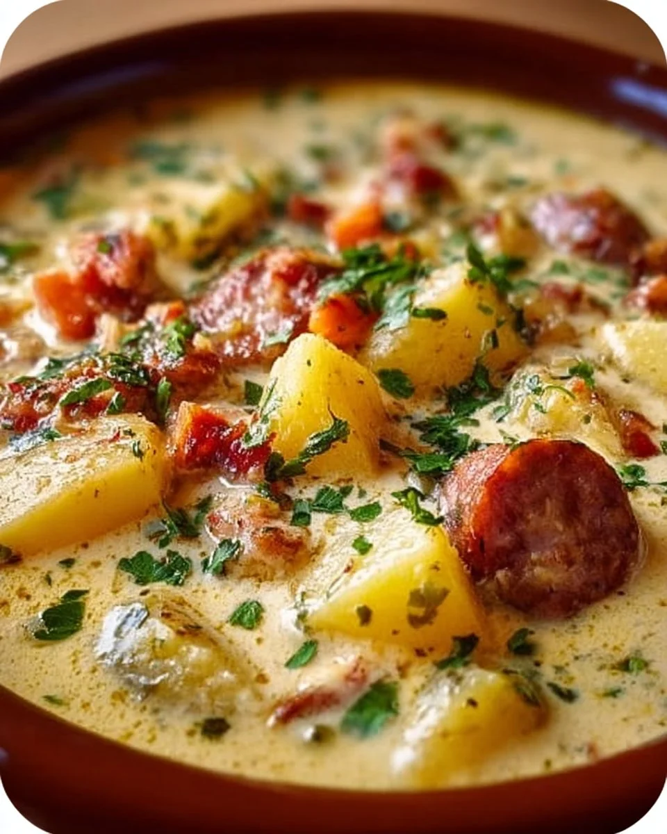 Delicious Potato Sausage Chowder in a bowl, garnished with herbs.