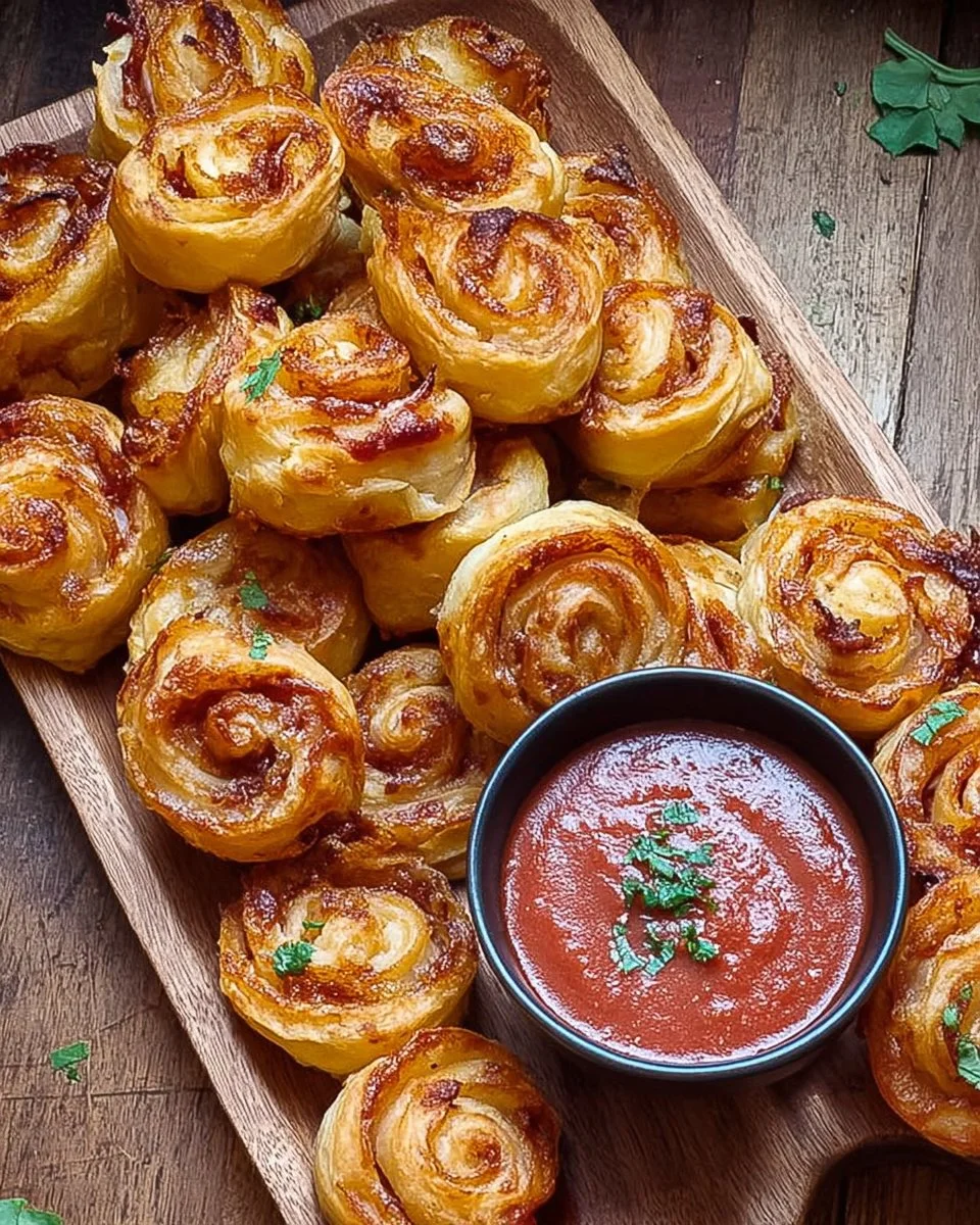 Puff pastry pizza scrolls with melted cheese and toppings