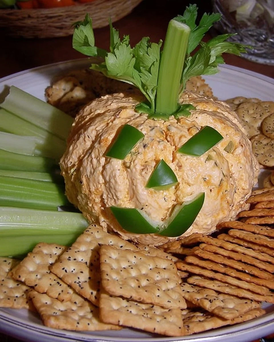Homemade Pumpkin Cheese Ball served with crackers and veggies