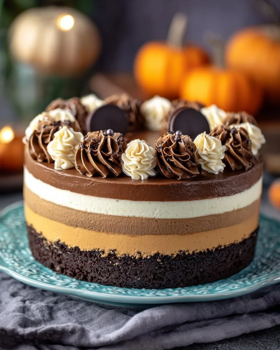 Delicious Pumpkin Chocolate Mousse Cake with chocolate ganache topping