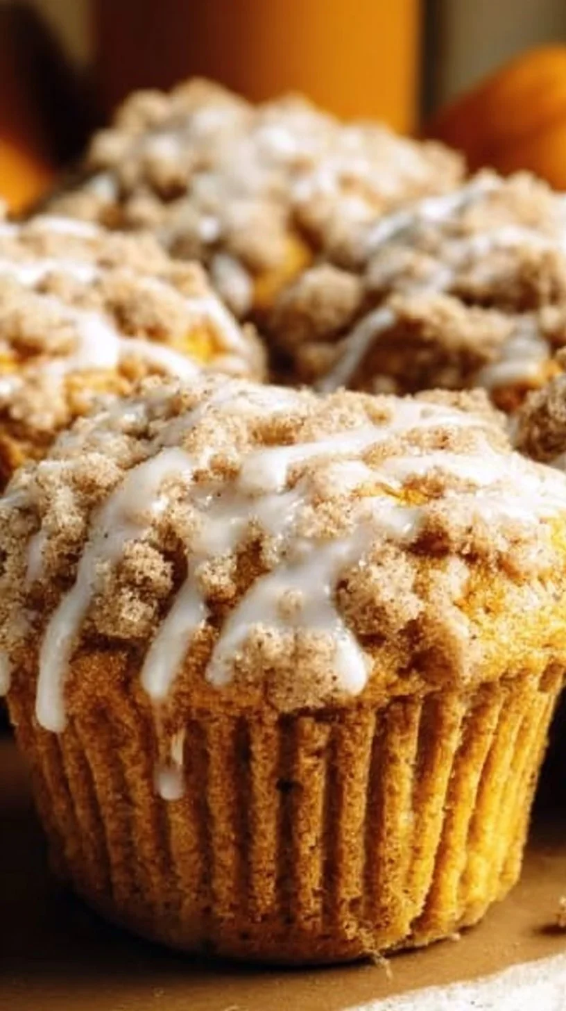 Freshly baked Pumpkin Cream Cheese Muffins on a rustic wooden table