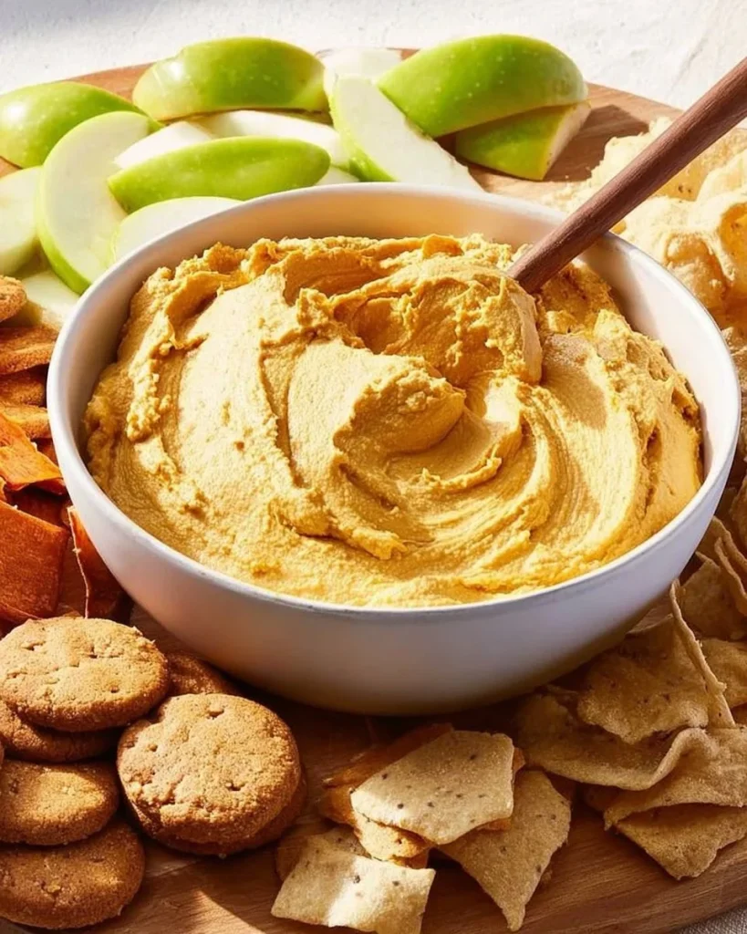 Delicious Pumpkin Fluff Dip in a bowl surrounded by fall-themed snacks.