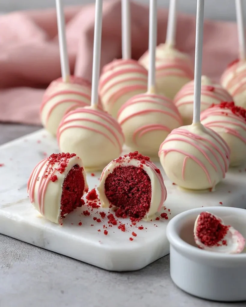 Delicious Red Velvet Cake Pops displayed on a festive platter.