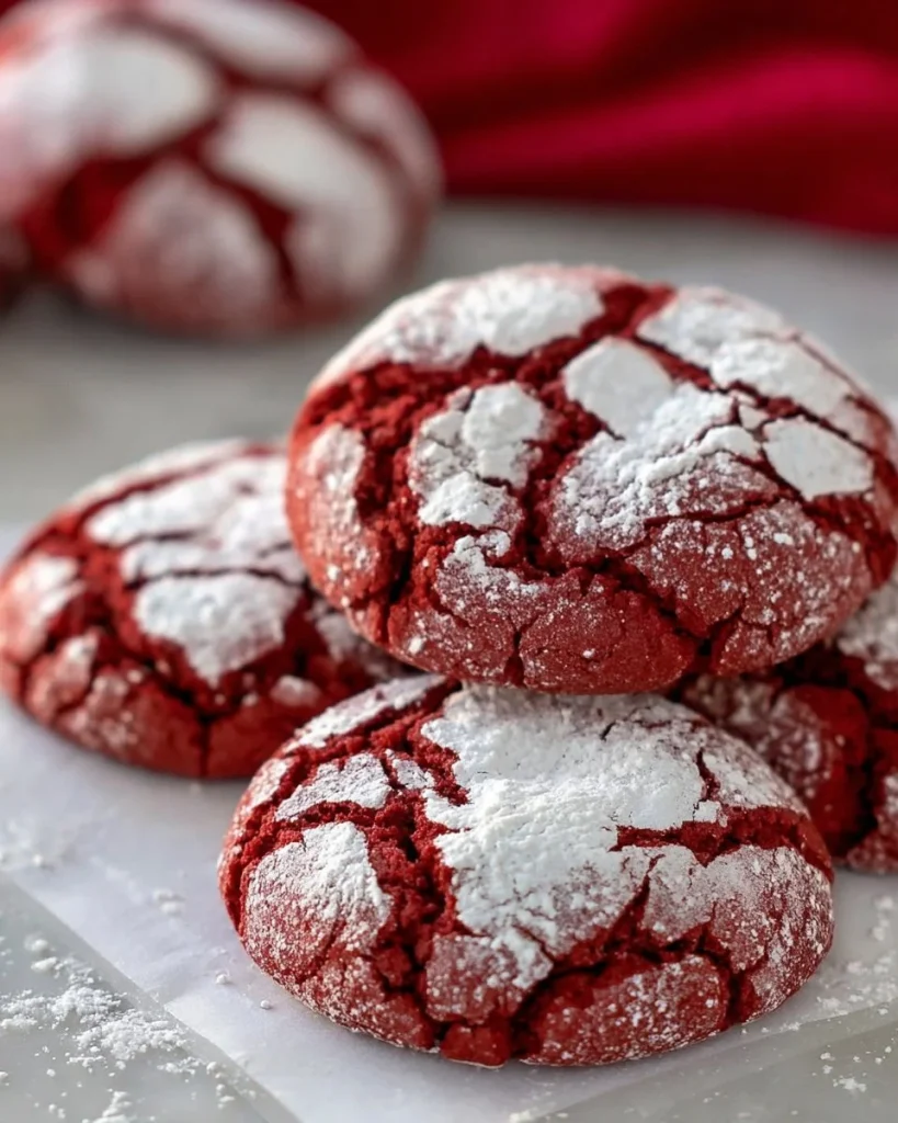 Delicious Red Velvet Crinkle Cookies on a rustic wooden background