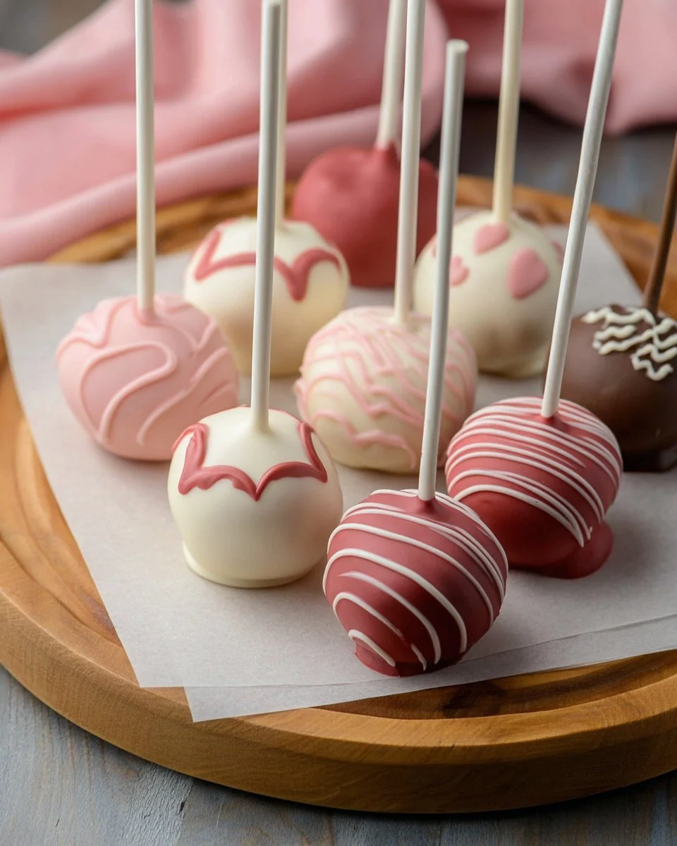 Delicious red velvet heart pops decorated with cream cheese frosting.