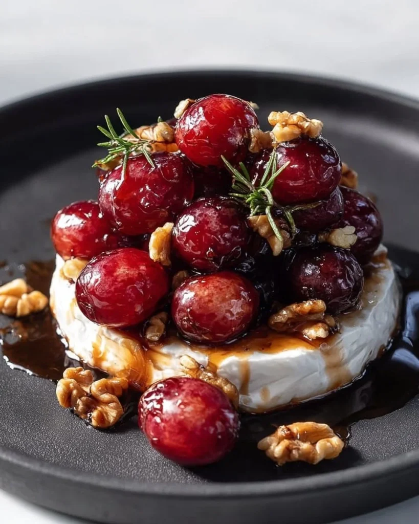 Roasted grapes served with whipped goat cheese and rosemary-honey walnuts