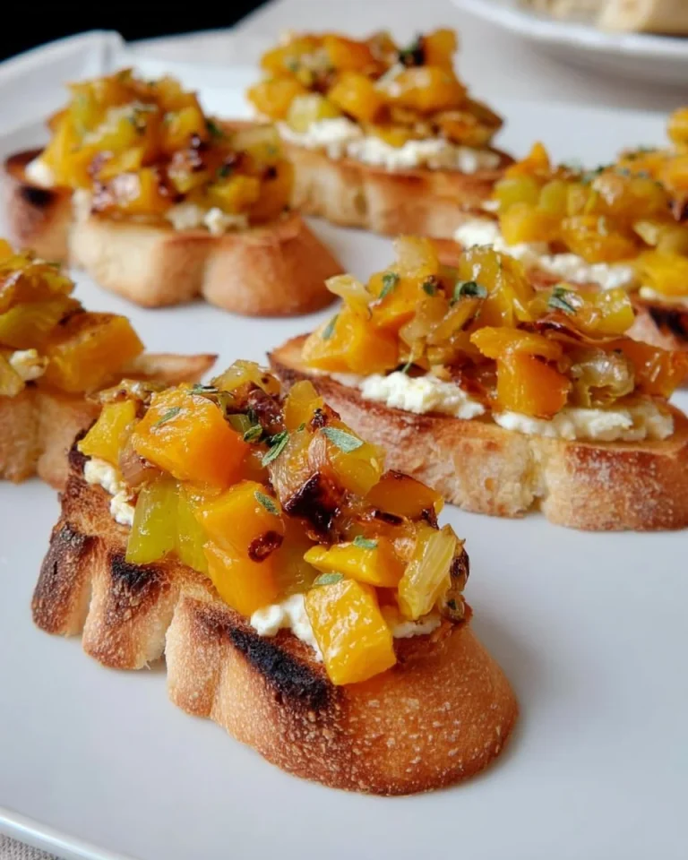 Roasted pumpkin and goat cheese crostini on a wooden serving board.