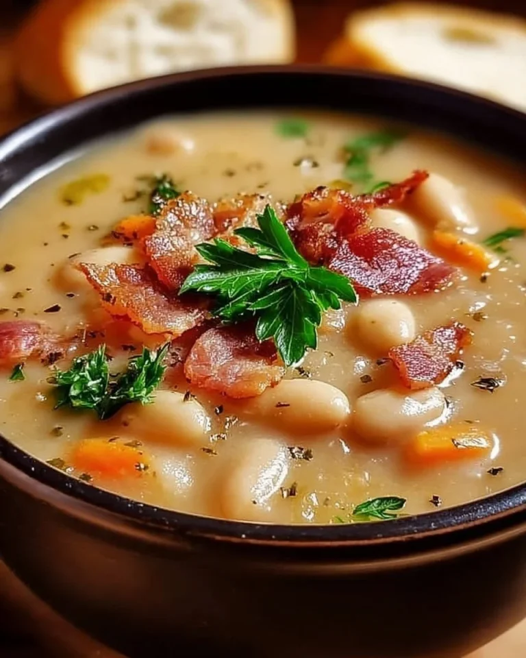 Bowl of rustic white bean and bacon soup garnished with herbs