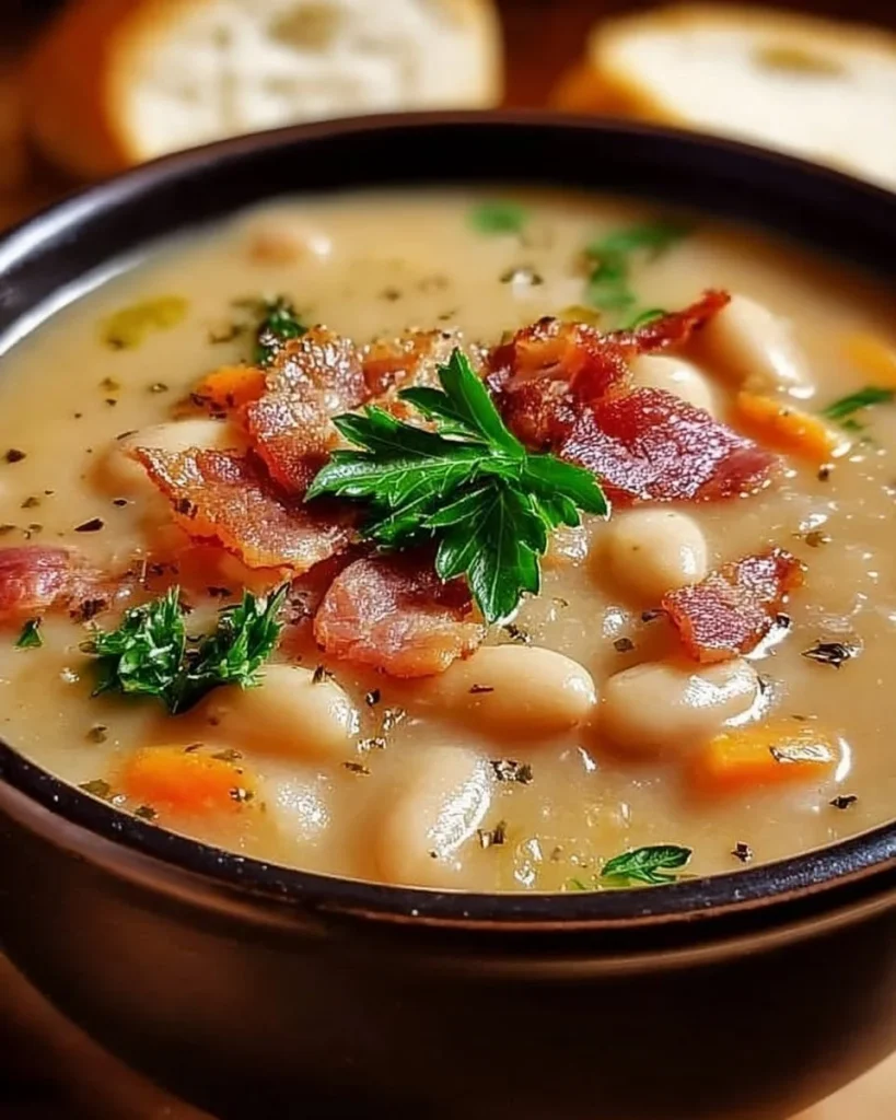 Bowl of rustic white bean and bacon soup garnished with herbs