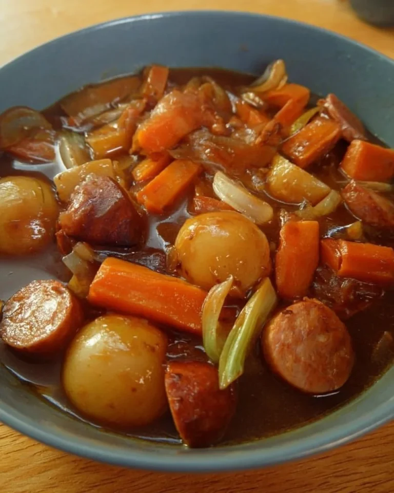 Delicious and hearty sausage casserole served in a rustic bowl