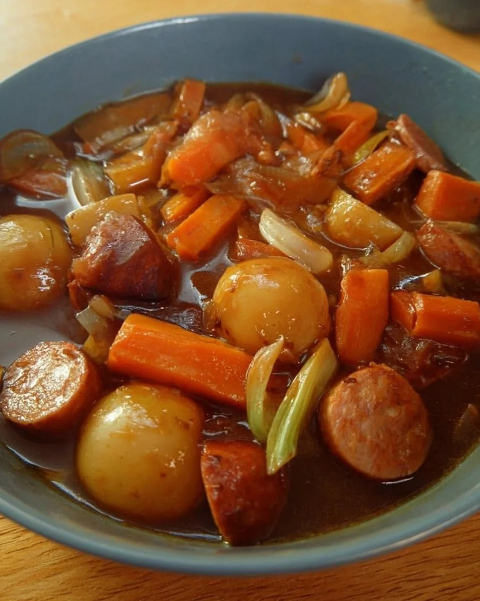 Delicious and hearty sausage casserole served in a rustic bowl