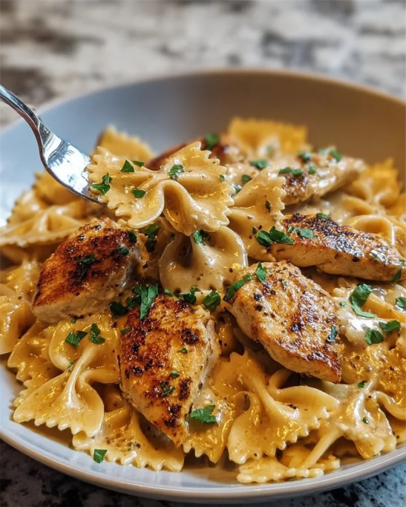 Savory Cajun Chicken over creamy Parmesan bowtie pasta dish