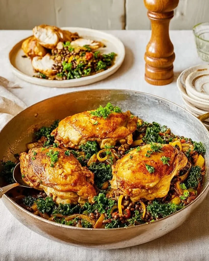 Schmaltzy lentils with chicken, olives, and lemon served in a bowl