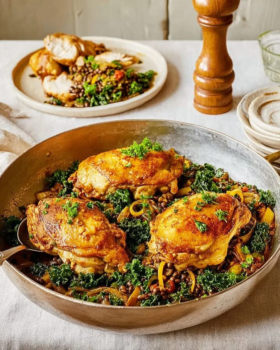 Schmaltzy lentils with chicken, olives, and lemon served in a bowl