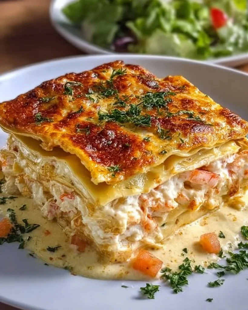 Delicious Seafood Lasagna with shrimp and crab layered in cheesy goodness